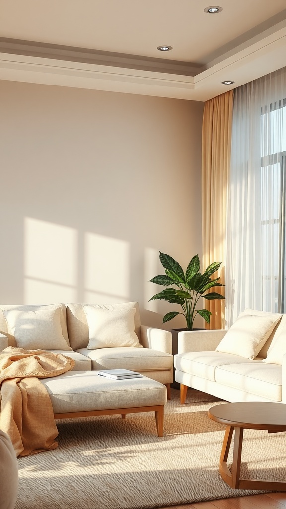 A cozy beige living room with soft sofas, natural light, and a potted plant