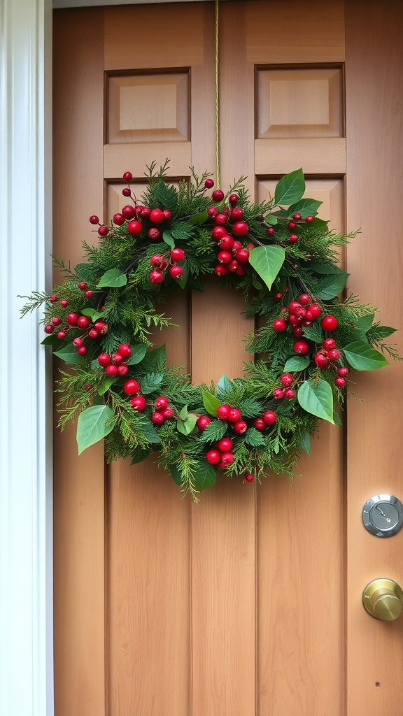 A berry branch wreath with red berries and green leaves hanging on a wooden door.