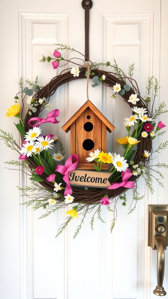 A colorful birdhouse wreath with flowers and a welcome sign