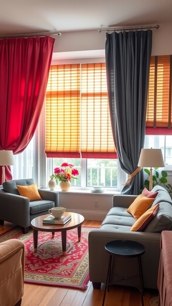 A living room with quirky window treatments featuring bold red and gray curtains alongside bright orange blinds.