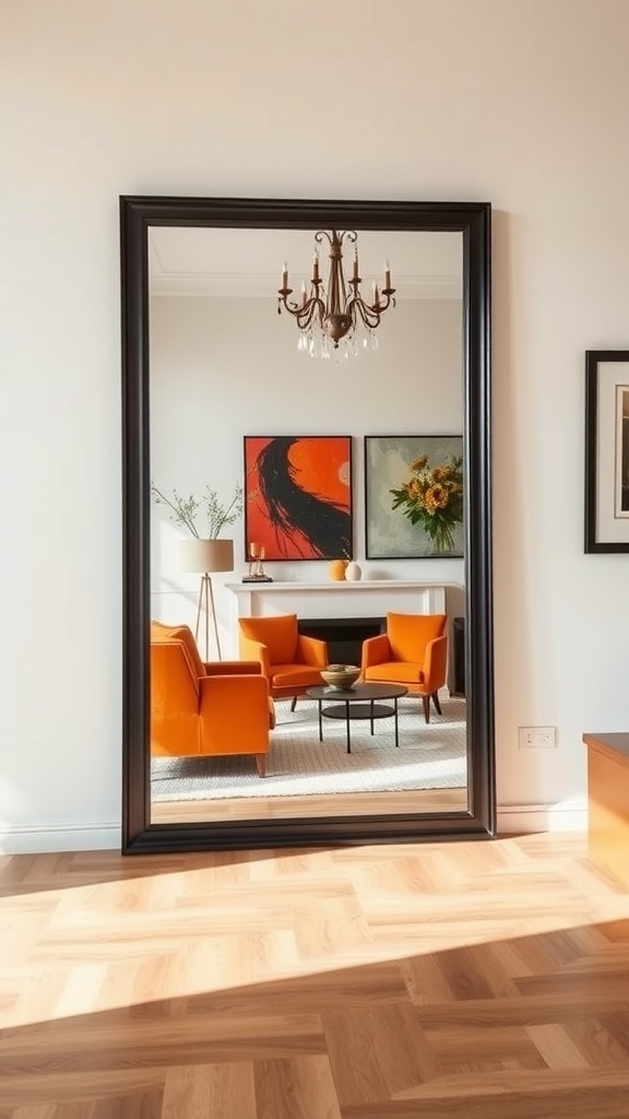 A large black-framed mirror reflecting a stylish living room with burnt orange chairs and modern decor.