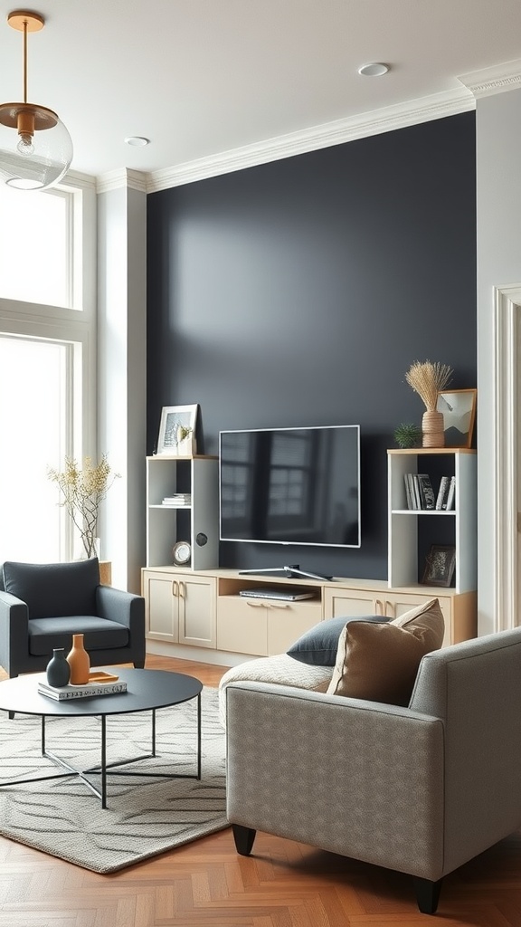 Living room with black accent wall, built-ins, and comfortable seating