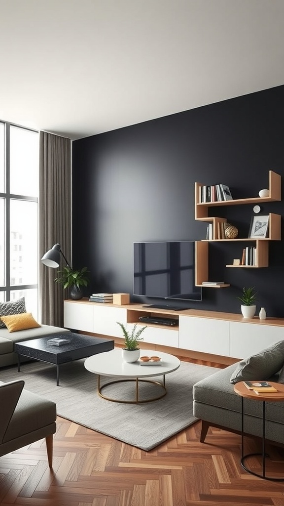 Living room featuring a black accent wall with geometric shelves and modern furniture.