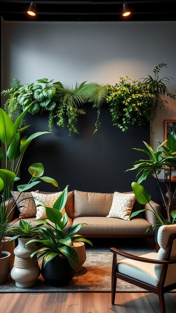 A living room featuring a black accent wall adorned with lush indoor plants, a cozy sofa, and stylish decor.