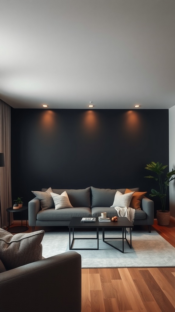 A modern living room featuring a black accent wall, soft lighting, and stylish furnishings.