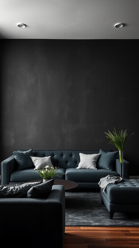 A living room featuring a black accent wall, stylish blue furniture, and decorative plants.