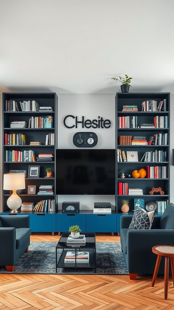 A living room featuring black and blue bookshelves filled with books and decorative items.