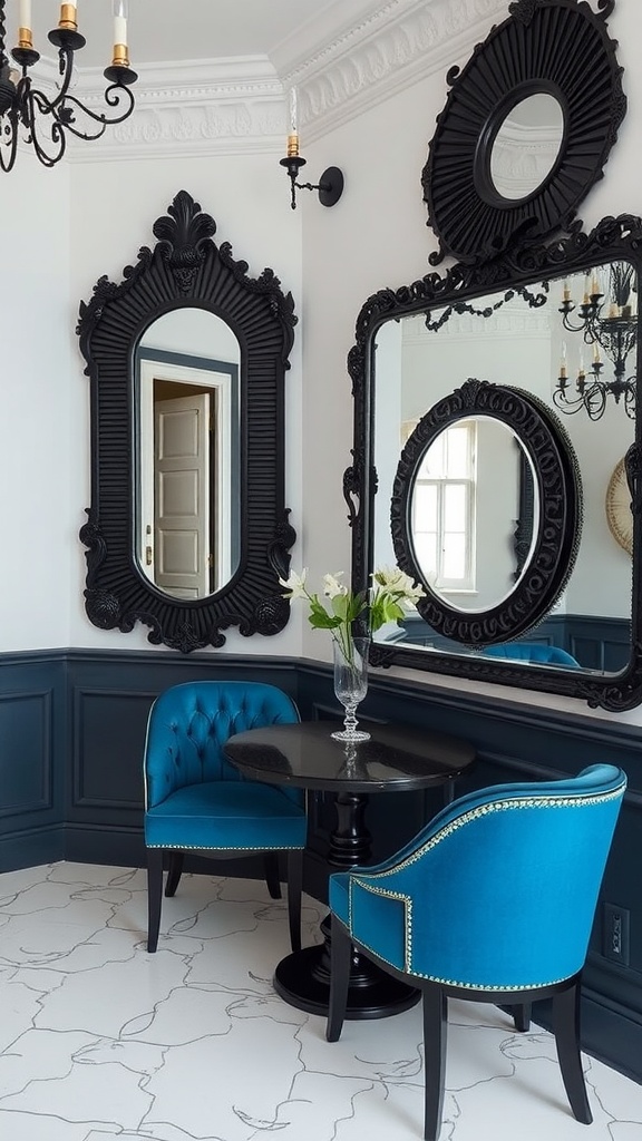 A stylish living room corner featuring decorative black mirrors and blue velvet chairs.