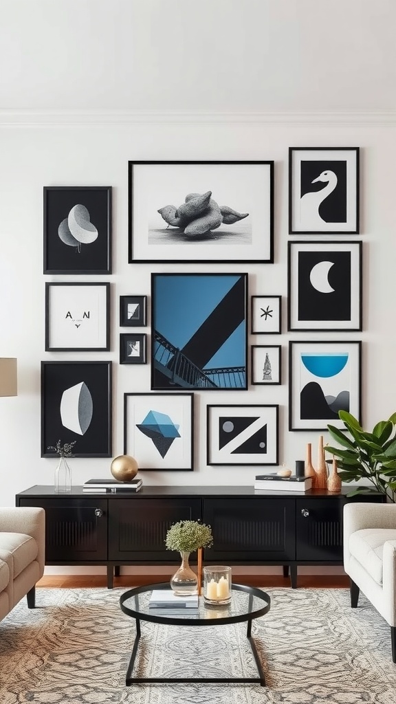 A stylish black and blue gallery wall with various framed artworks above a black console table.