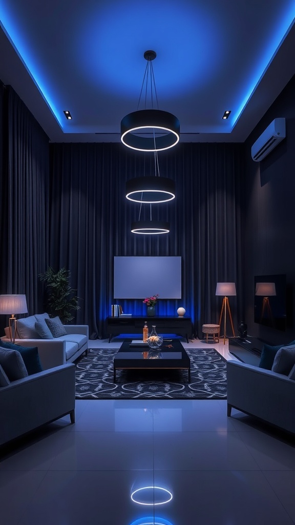 A modern living room with black and blue lighting fixtures, featuring three circular hanging lights and blue LED accents.