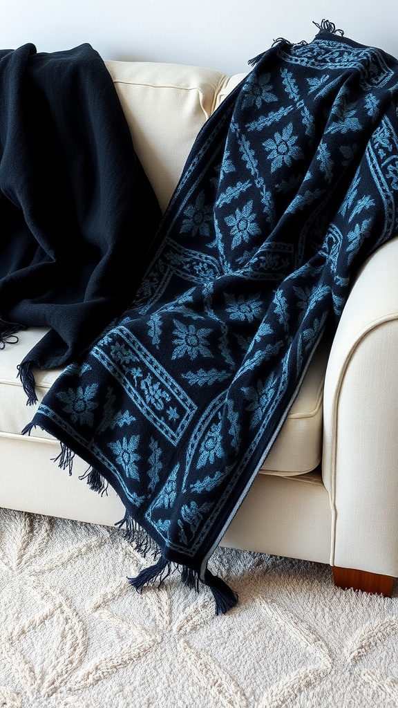 A black and blue patterned throw draped over a light-colored couch with a black throw nearby.