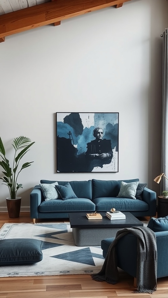 A cozy living room with a blue sofa and black and blue wall art, featuring a plant and geometric rug.