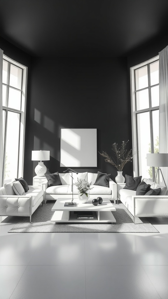 A modern living room with black walls and white furniture featuring large windows and decorative plants