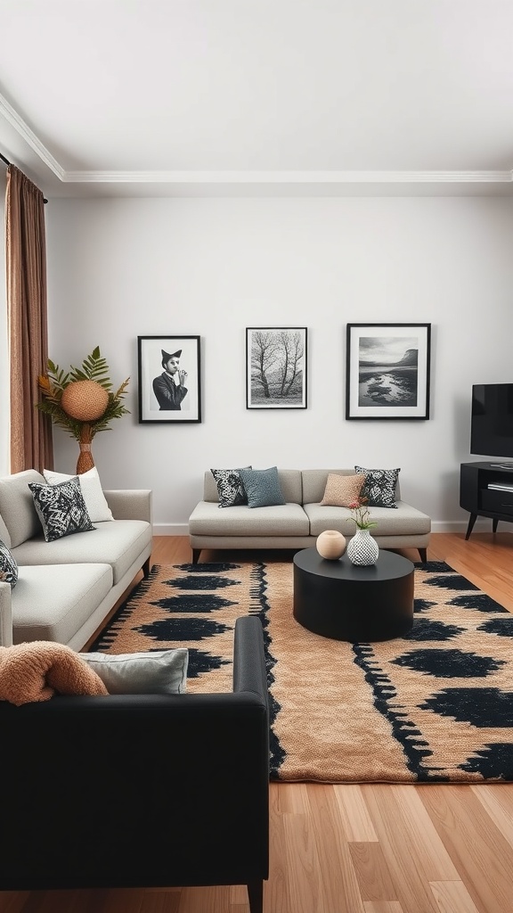 A modern living room featuring black and brown geometric patterns with a cozy rug, light sofas, and monochromatic art.