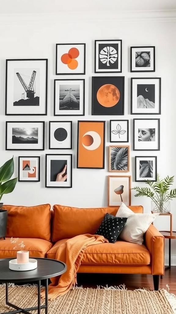 A stylish gallery wall featuring black and burnt orange artwork, paired with a burnt orange couch.