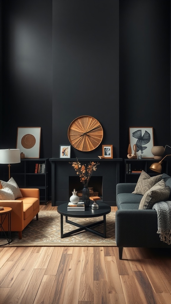 A living room featuring black walls, an orange sofa, and earthy decor elements.