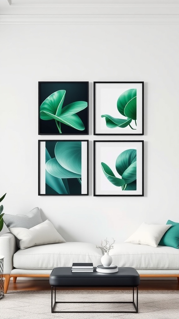 A cozy living room with a gallery wall of emerald green leaf art in black frames.