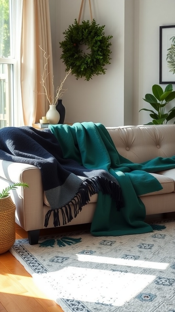 A cozy living room scene featuring a black and emerald green throw blanket draped over a light-colored sofa.