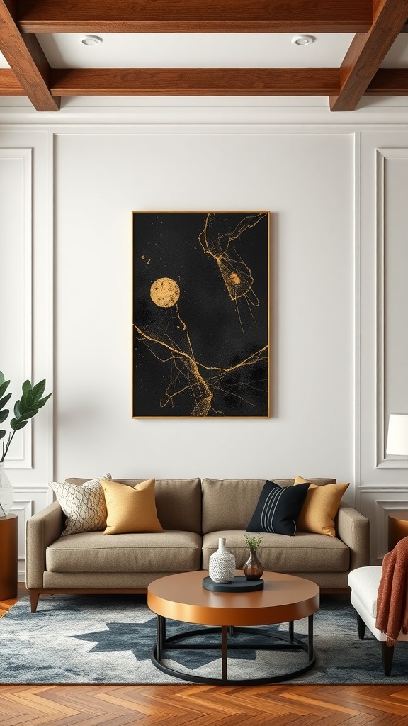 A modern living room featuring black and gold themed artwork above a cozy sofa.