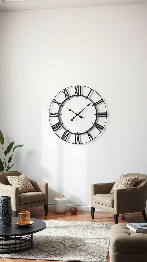 A black and gold wall clock on a white wall above two beige armchairs in a stylish living room.