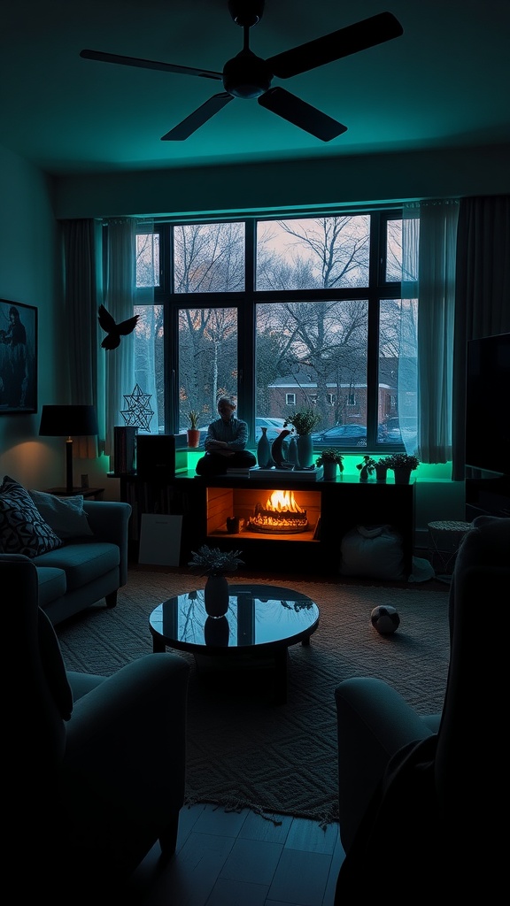 Cozy living room with black and green mood lighting, featuring a fireplace and large windows