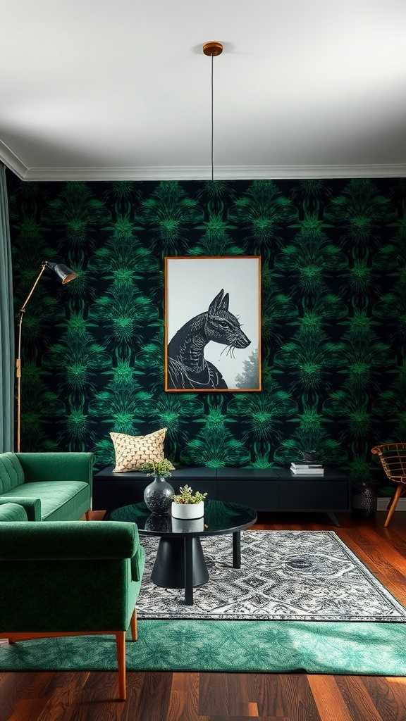 A stylish living room featuring black and emerald green patterned wallpaper with a green sofa, a dark coffee table, and framed artwork.