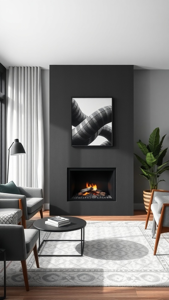 A modern living room featuring a black and grey fireplace design with a cozy fire, minimalist furniture, and a piece of abstract art on the wall.