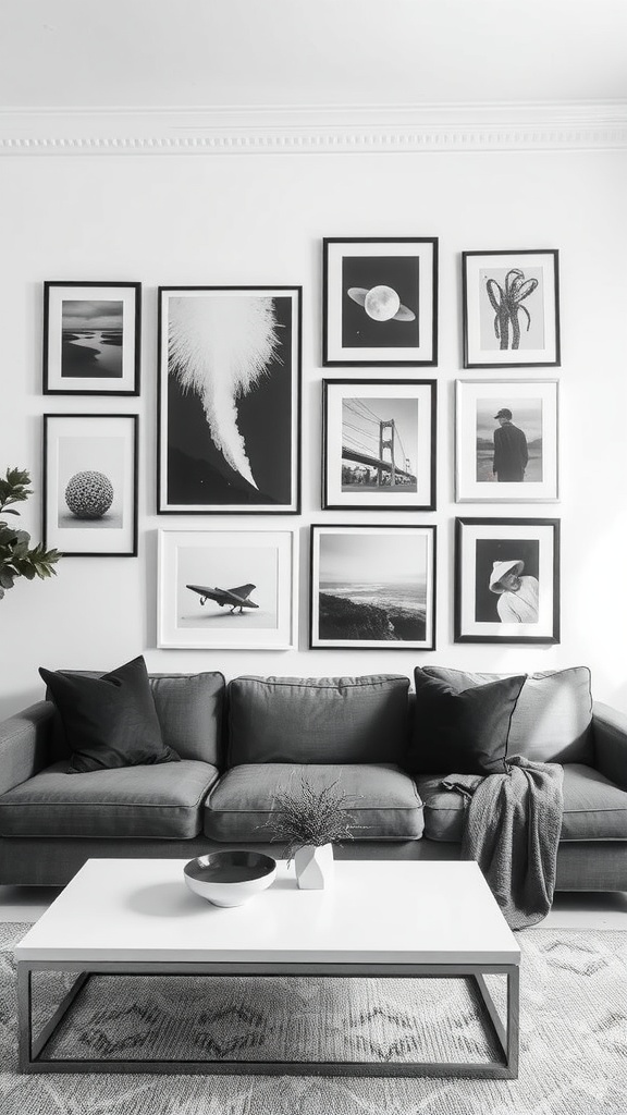 Living room gallery wall featuring black and grey framed artwork above a grey sofa