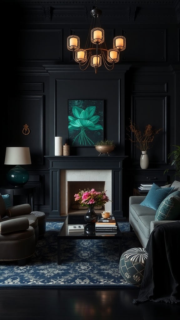 A black living room featuring jewel tone accents with a cozy arrangement of furniture and decor.