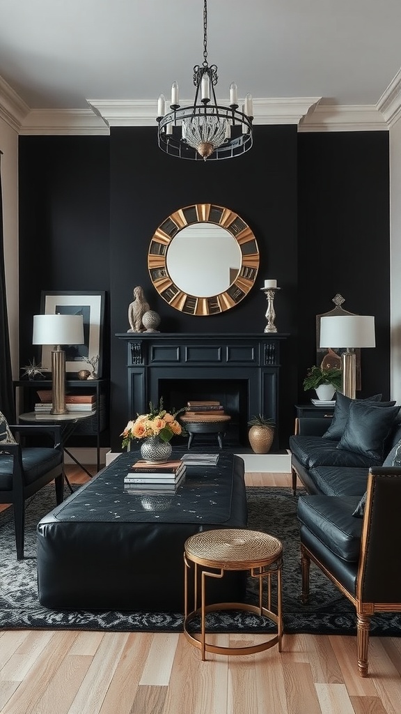 A stylish living room featuring black walls, a round metallic mirror, and black leather furniture with metallic accents.