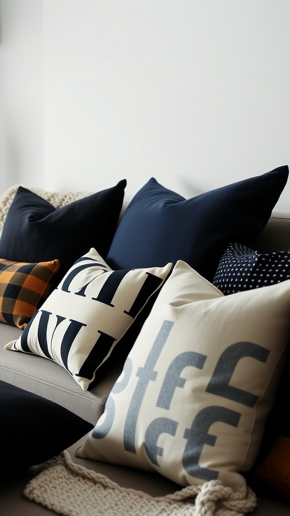 A cozy sofa adorned with a variety of black and navy throw pillows