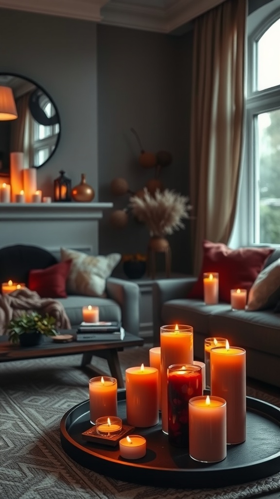 A cozy living room featuring various black and orange candles arranged on a tray, creating a warm and inviting atmosphere.