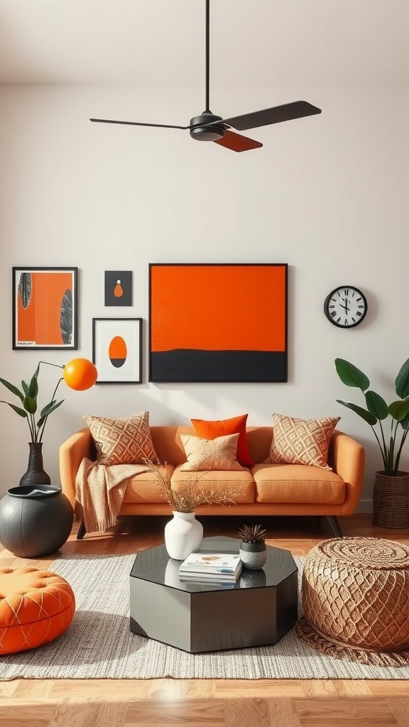 A stylish living room featuring a black and orange color scheme with an orange sofa, black coffee table, and decorative accessories.