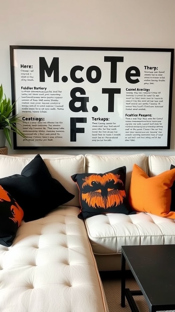 Decorative black and orange themed pillows on a white couch with a graphic wall art in the background.