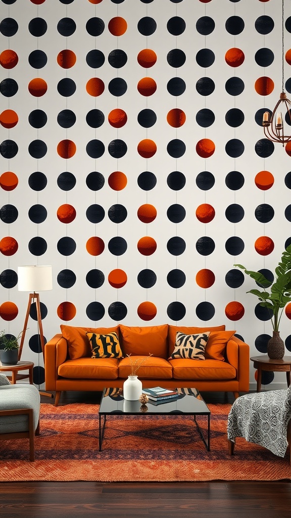 Living room featuring black and orange wallpaper with round patterns, an orange sofa, and decorative pillows.