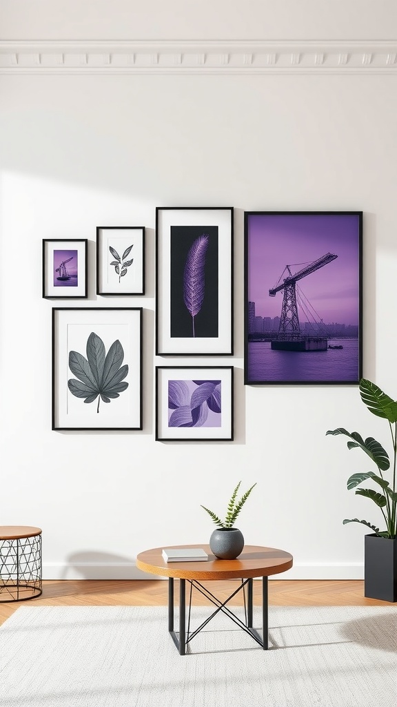 Living room with a black and purple gallery wall featuring framed artwork, a round coffee table, and a plant