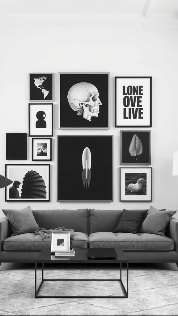 A modern black and silver gallery wall featuring various framed art pieces above a gray sofa with pillows.