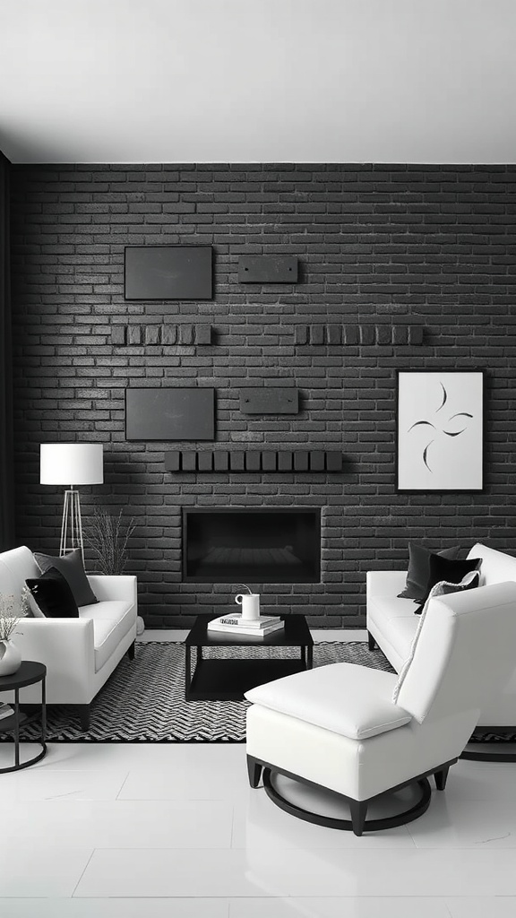 Modern living room with black brick accent wall and white furniture.