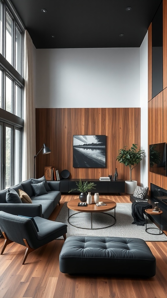 A stylish living room with a black ceiling, wood paneling, and modern furniture.