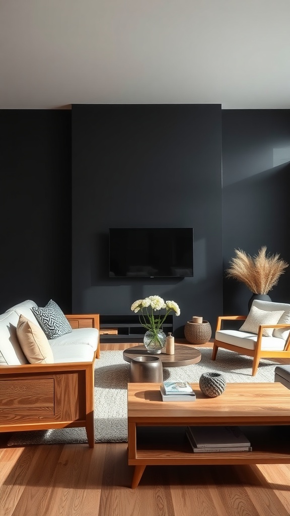 Living room featuring a black accent wall with wooden furniture.