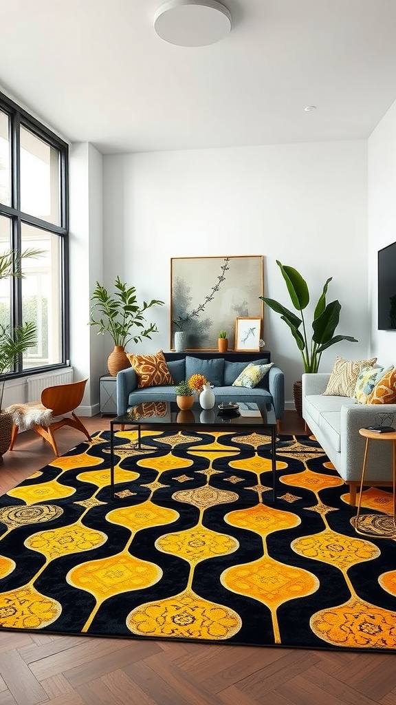 A modern living room featuring a black and yellow geometric rug with stylish furniture and plants.