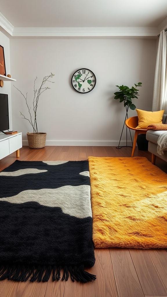 A living room with a black rug featuring a unique pattern next to a vibrant yellow fluffy rug on wooden flooring.