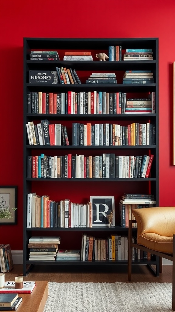 A black bookshelf filled with books against a bright red wall.