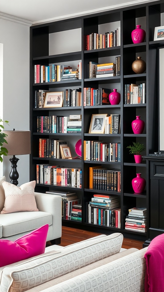 Black bookshelves filled with books and pink accessories in a living room.