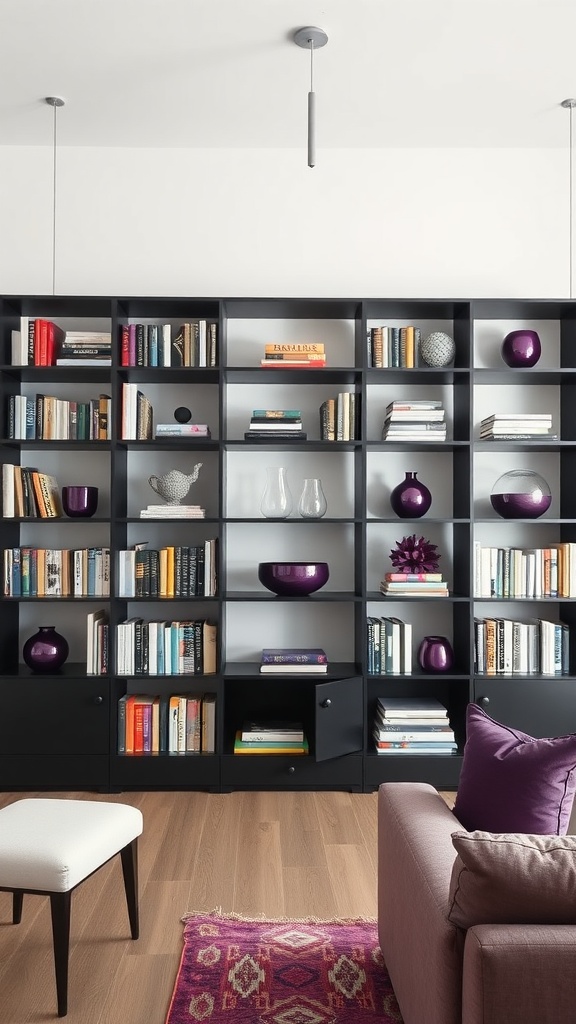 Stylish black bookshelves with purple decorative accents in a living room