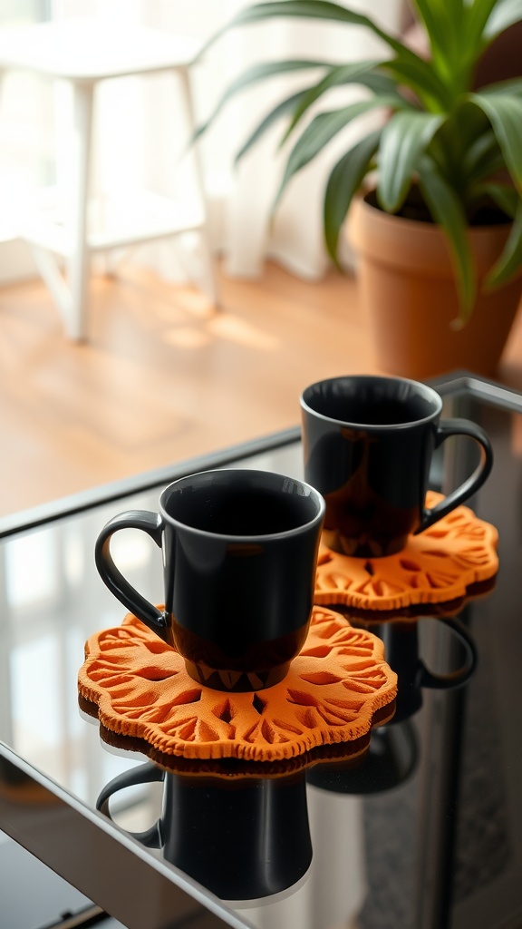 Two black coffee cups on orange coasters on a glass table with a plant in the background