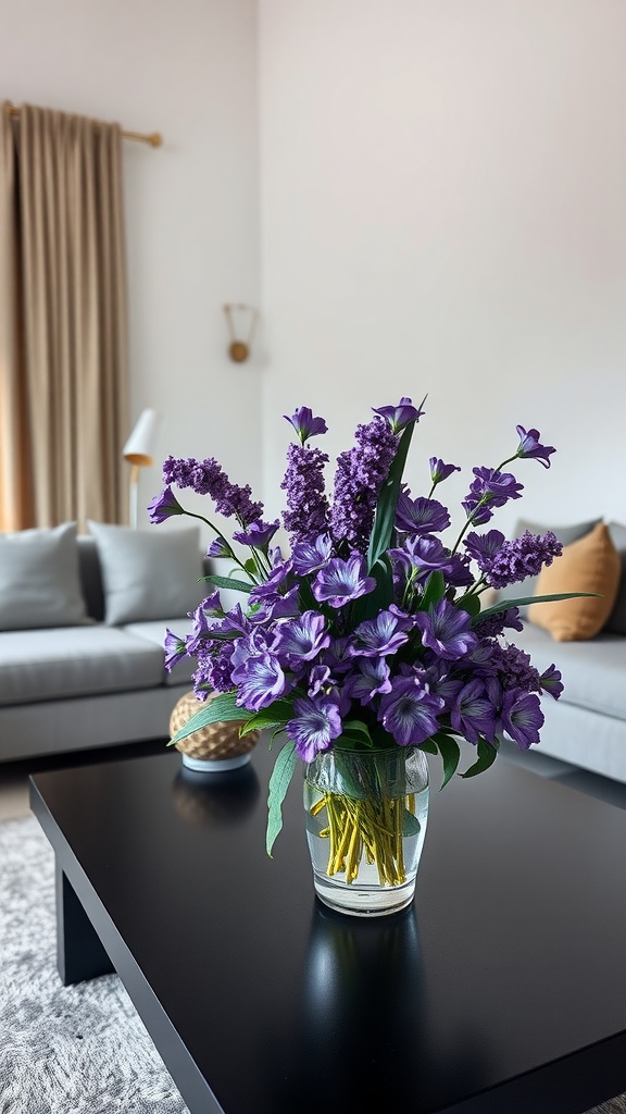 A stylish black coffee table adorned with vibrant purple flowers in a clear vase, set in a modern living room.