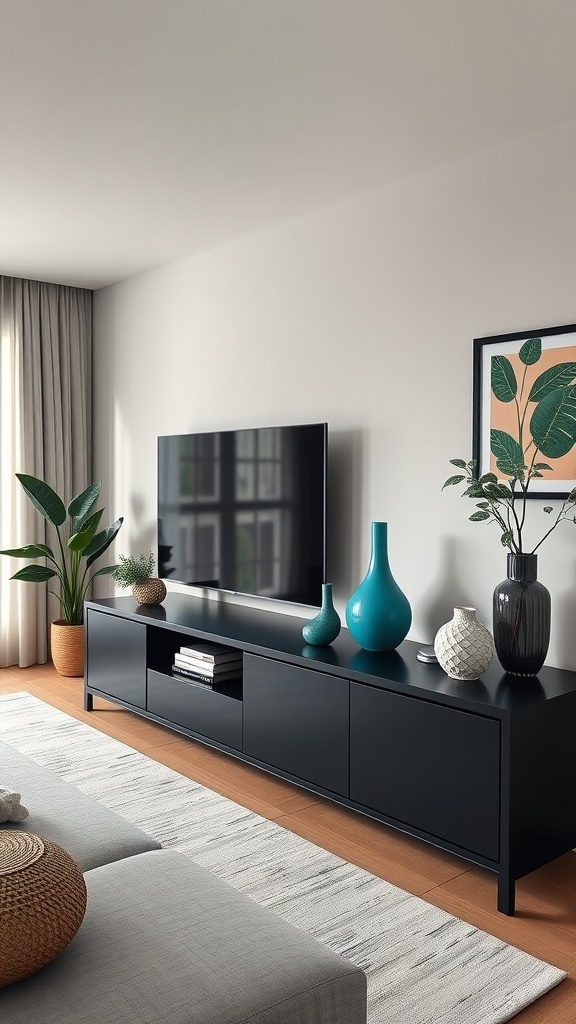 A modern living room featuring a black entertainment center with teal vases and green plants.