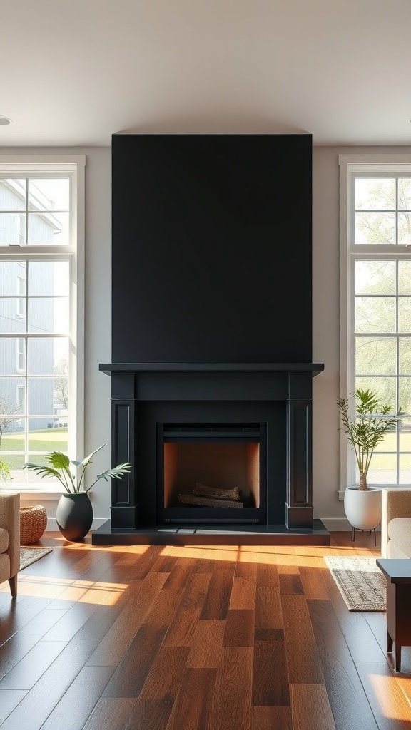 A living room featuring a black fireplace framed by large windows and wooden flooring.