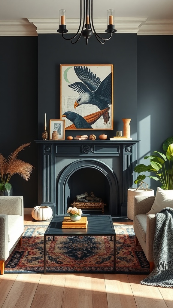 A living room featuring a black fireplace, artistic wall decor, light sofas, and a decorative rug